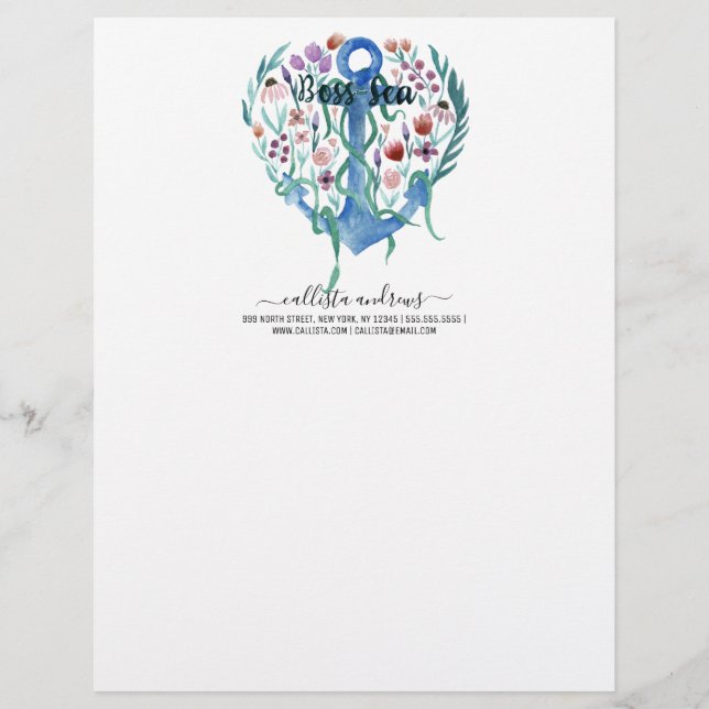 En-tête De Lettre Citation de mer Boss Ancre Fleurs Feuille Aquarell (Devant)