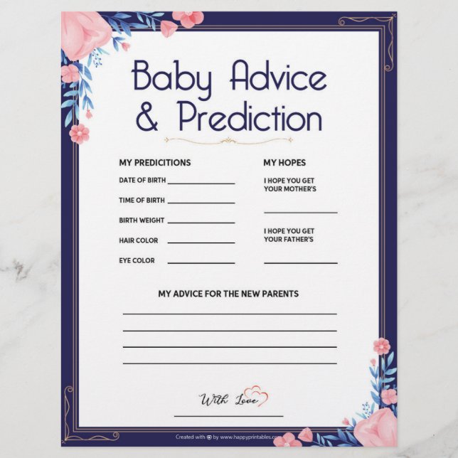 En-tête De Lettre Conseils et prédiction pour bébé [Cadre floral] (Devant)