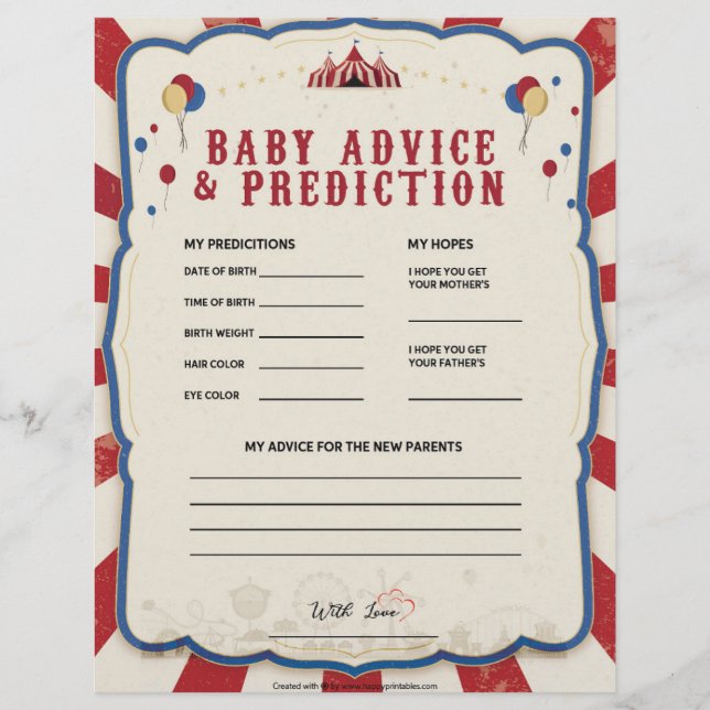 En-tête De Lettre Conseils et prédiction pour bébé [Thème du cirque] (Devant)