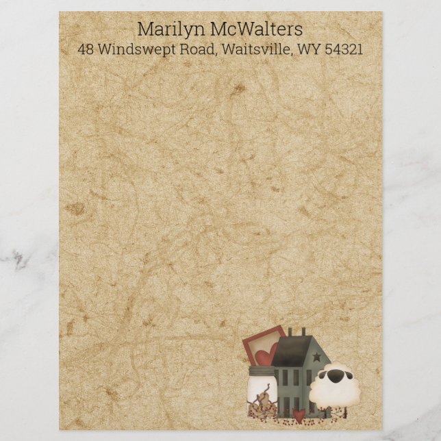 En-tête De Lettre Country Prim Folk Art Green Saltbox, Sheep Dry (Devant)