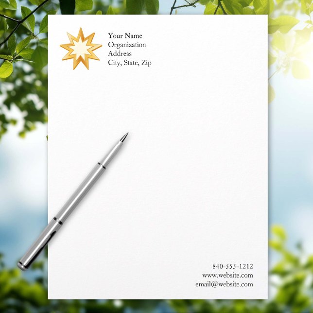 En-tête De Lettre Customisable Baha'i 8,5 po x 11 po (Customize with your name or organization. Nine pointed star, symbol of the Baha’i faith in gold. )