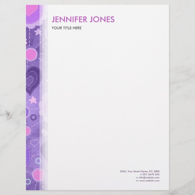 En-tête De Lettre Customisable Coeurs pourpres et fleurs en pastel doux (Devant)