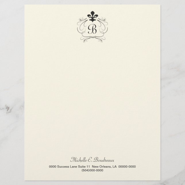 En-tête De Lettre Customisée Elegant Fleur de Lis Monogram blanc noir (Devant)