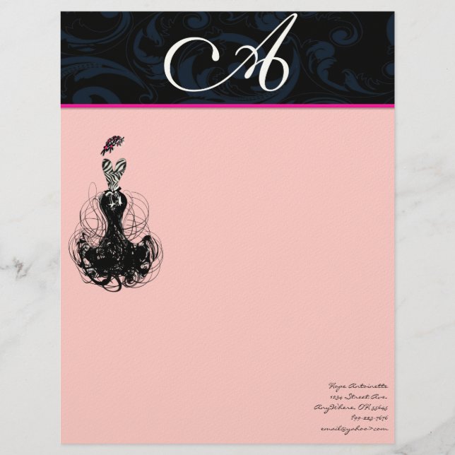 En-tête De Lettre Customisée Mode Diva rose framboise Monogramme Damas (Devant)