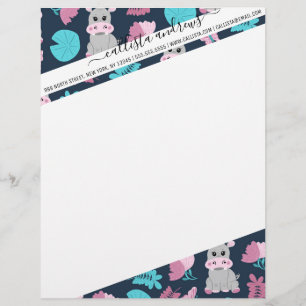 En-tête De Lettre Cute rose Turquoise Hippo Papillon Floral Lily Pad