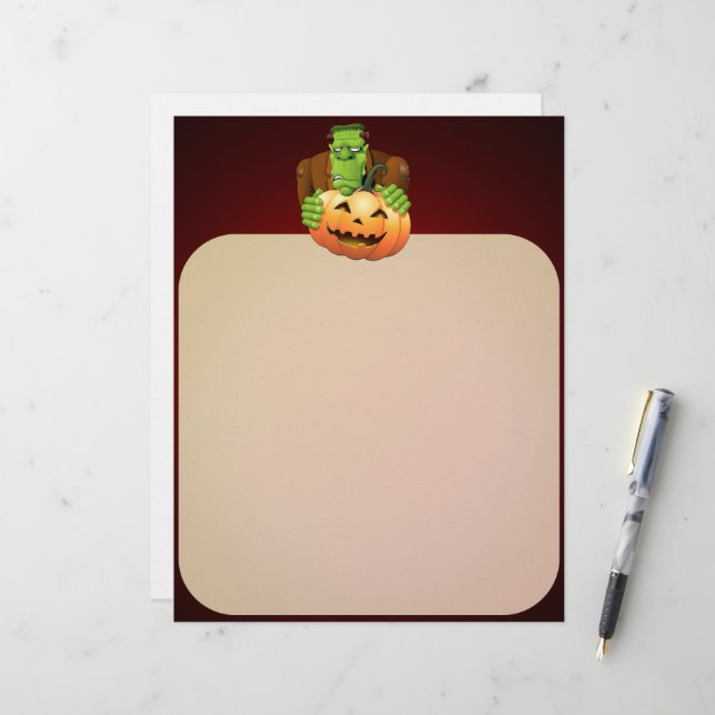En-tête De Lettre Dessin de Frankenstein Monster avec Citrouille (Devant/Arrière en situation)