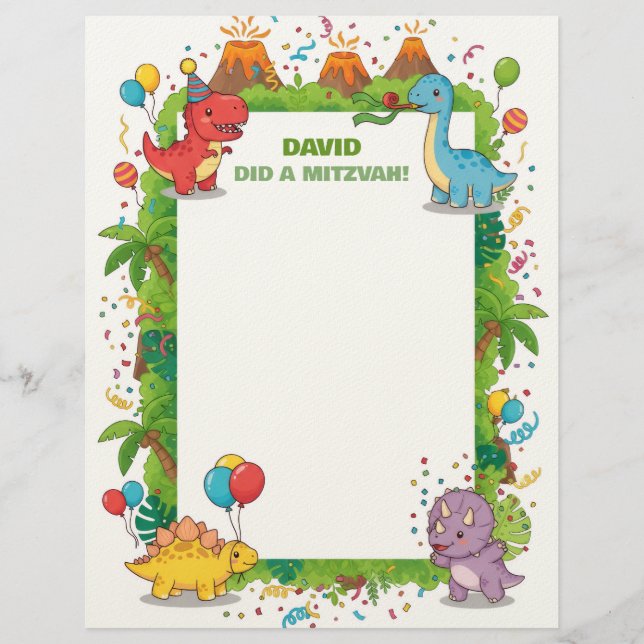 En-tête De Lettre Dinosaures mignons Enfants Customisés Mitzvah Note (Devant)