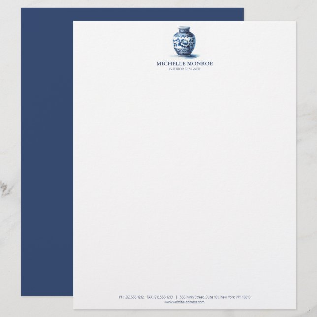 En-tête De Lettre Elégant Aquarelle bleu Ginger Jar Design d'intérie (Devant / Derrière)