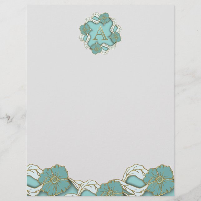 En-tête De Lettre Élégant Floral Turquoise or lettre A (Devant)