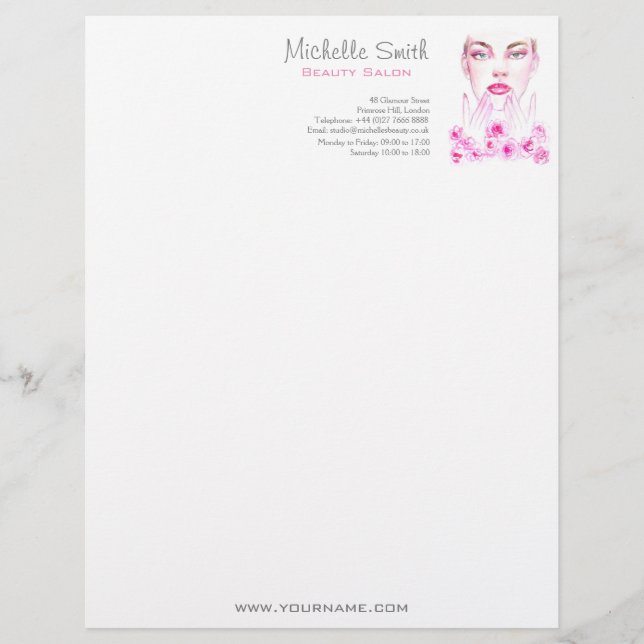 En-tête De Lettre Elégant rose Roses Floral Aquarelle Beauté Salon (Devant)