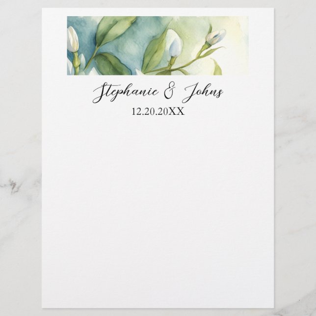 En-tête De Lettre Fleurs Blanches Élégantes Feuilles Vertes Mariage  (Devant)