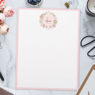 En-tête De Lettre Fleurs de rose rose poudré en aquarelle à monogram