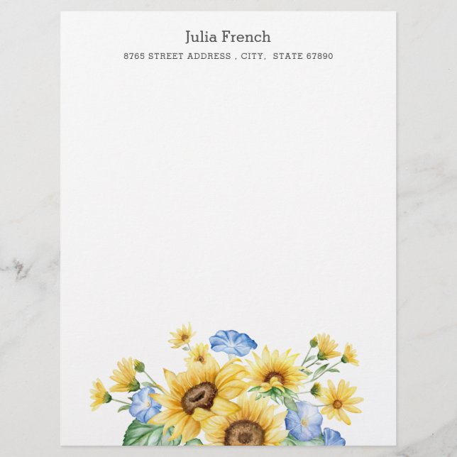 En-tête De Lettre Fleurs de soleil bleu jaune Été Personnaliser (Devant)