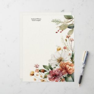 En-tête De Lettre Fleurs personnalisées de Bourgogne sarcelle blanc