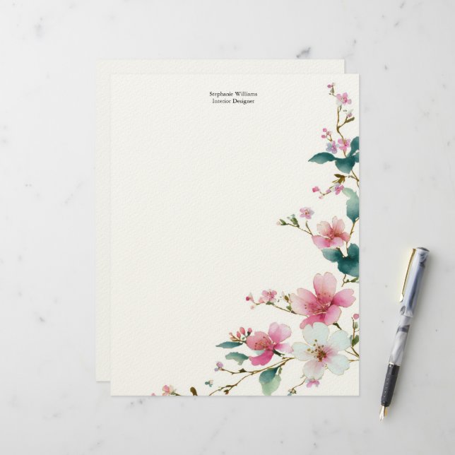 En-tête De Lettre Fleurs sauvages personnalisées rose blanc  (Devant/Arrière en situation)