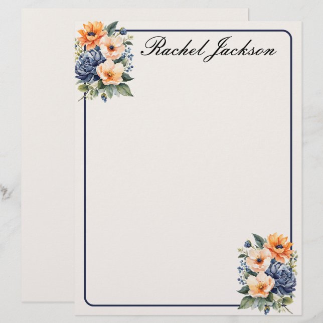 En-tête De Lettre Floral bleu orange et crème (Devant / Derrière)