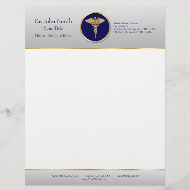 En-tête De Lettre Gold Blue Professional Médicale Caduceus (Devant)
