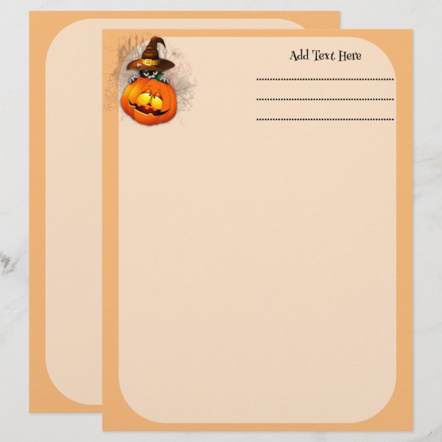 En-tête De Lettre Halloween Cute Kitty Witch et ami Citrouille (Devant / Derrière)