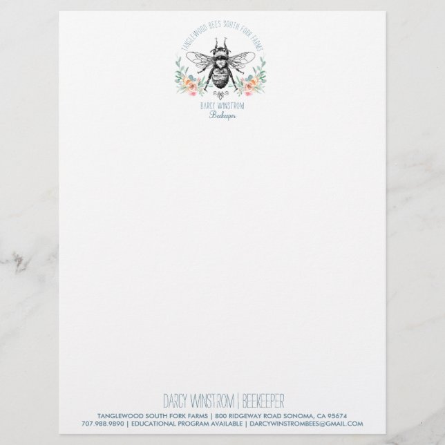 En-tête De Lettre Hand Draey Bee Beekeeper Apiary Floral Lett (Devant)