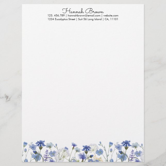 En-tête De Lettre Jardin Fleur sauvage bleu aquarelle (Devant)