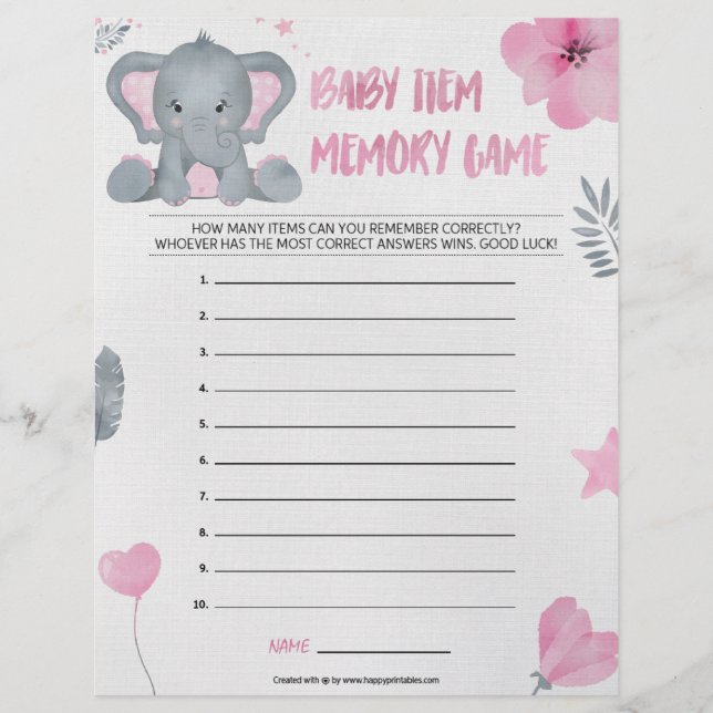 En-tête De Lettre Jeu de mémoire pour bébé [Eléphant bébé [rose] (Devant)