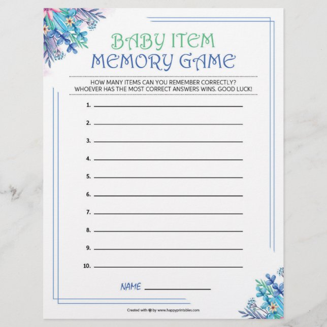 En-tête De Lettre Jeu de mémoire pour bébé [Floral bleu] (Devant)