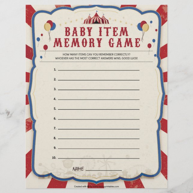 En-tête De Lettre Jeu de mémoire pour bébé [Thème de cirque] (Devant)