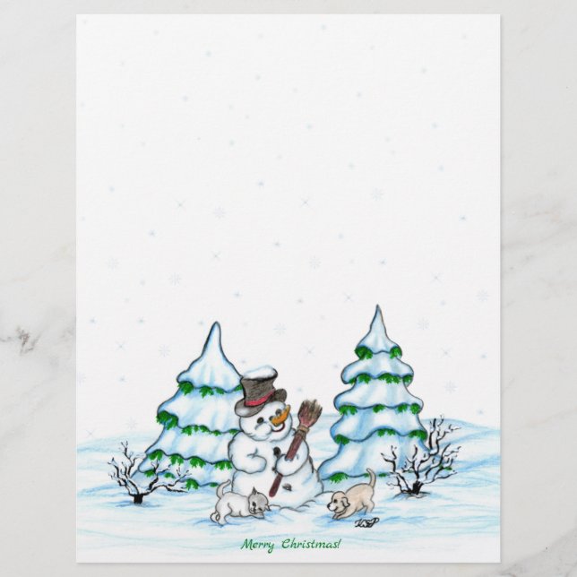 En-tête De Lettre Joyeux Noël ! Snowman avec chat et chiot (Devant)