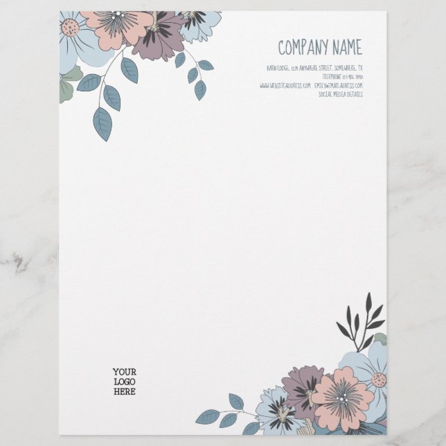 En-tête De Lettre Logo Feminine Dusty Blue Saumon Rose Florals (Devant)