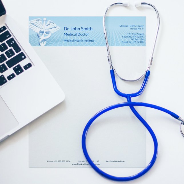 En-tête De Lettre Médicale blanc 3D Caduceus Blue Design (Créateur téléchargé)