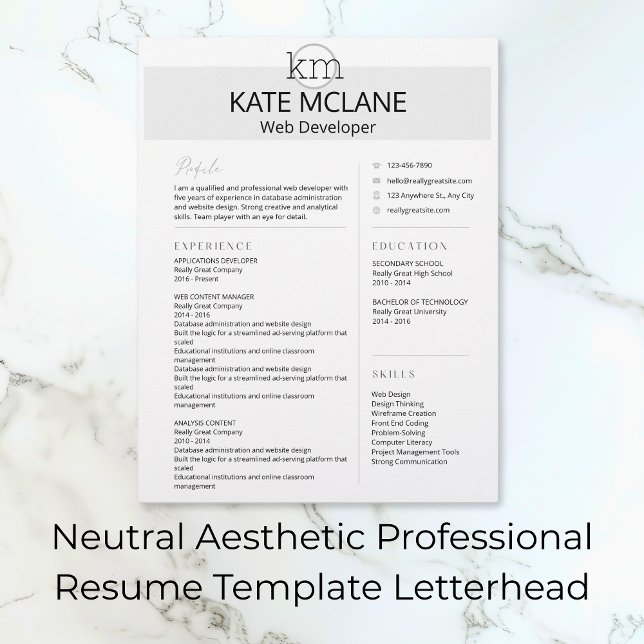 En-tête De Lettre Modèle de reprise professionnelle esthétique neutr (Neutral Aesthetic Professional Resume Template Letterhead)