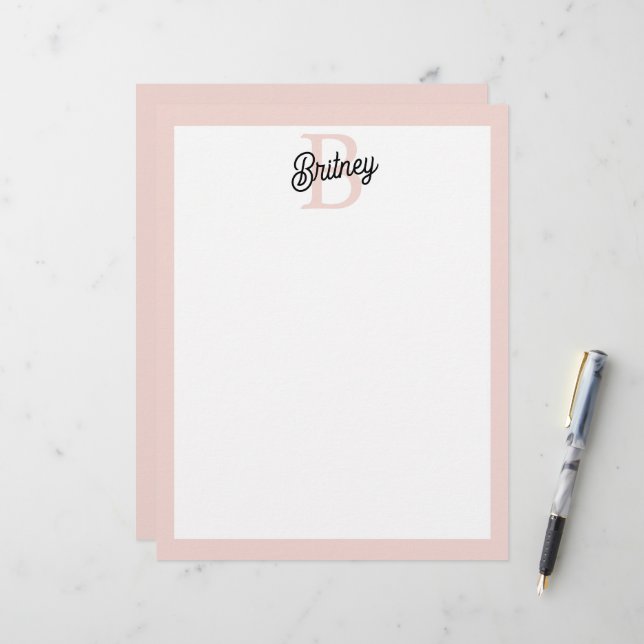 En-tête De Lettre Monogramme et nom personnalisé moderne Pastel Pink (Devant/Arrière en situation)
