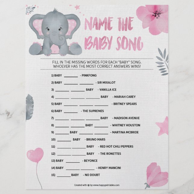 En-tête De Lettre Nom Que Bébé Chanson [[Baby Elephant [Rose]] (Devant)