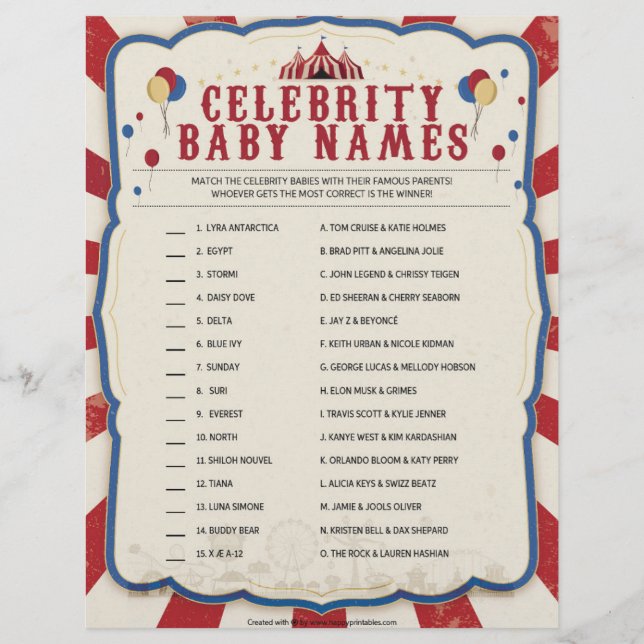 En-tête De Lettre Noms des bébés célèbres [Thème du cirque] (Devant)