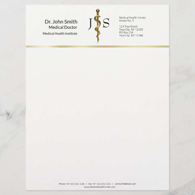 En-tête De Lettre Or sur bâton blanc classique Asclepius Médicale (Devant)