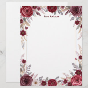 En-tête De Lettre Papier à lettres floral bordeaux avec accents gris