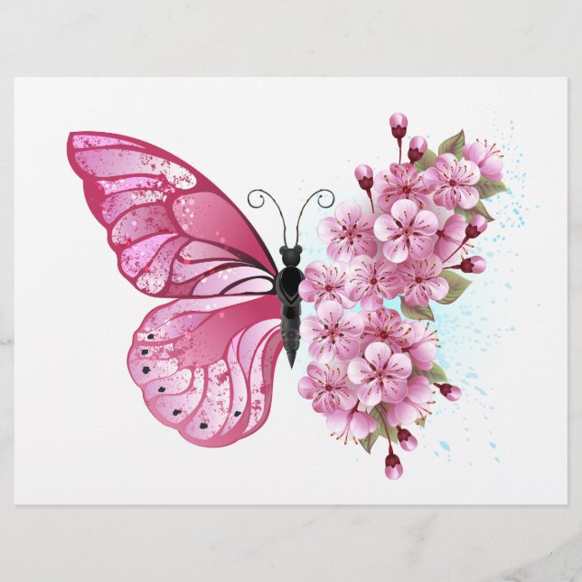 En-tête De Lettre Papillon à fleurs avec Sakura rose (Devant)