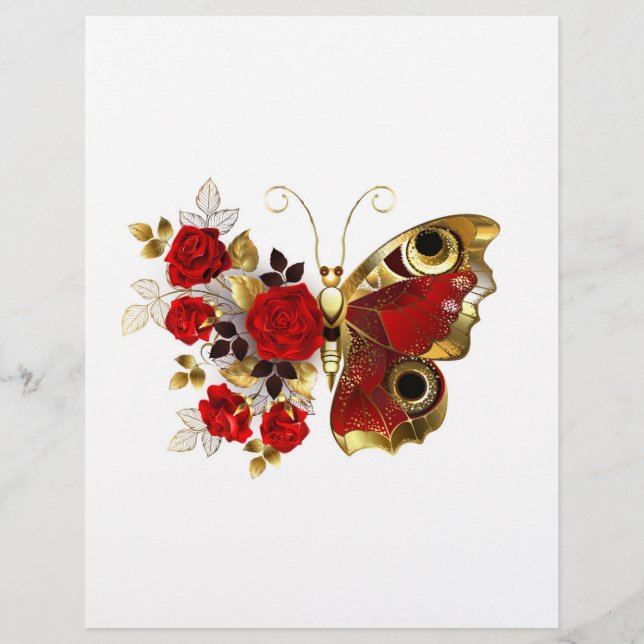 En-tête De Lettre Papillon de fleurs rouges aux roses rouges (Devant)