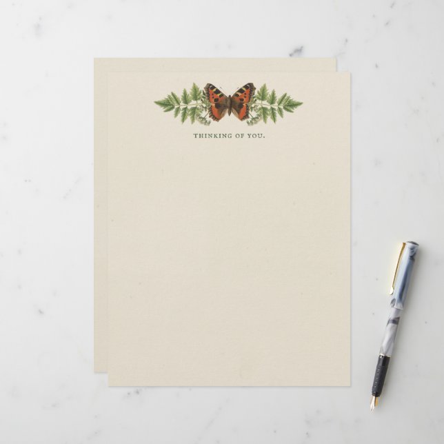 En-tête De Lettre Papillon personnalisé Vintage botanique (Devant/Arrière en situation)