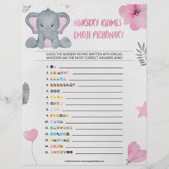 En-tête De Lettre Pépinière Rhymes Emoji Pictionary [Eléphant bébé] (Devant)