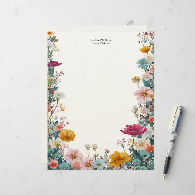 En-tête De Lettre Personalized Pink Yellow Teal Wildflowers  (Devant/Arrière en situation)