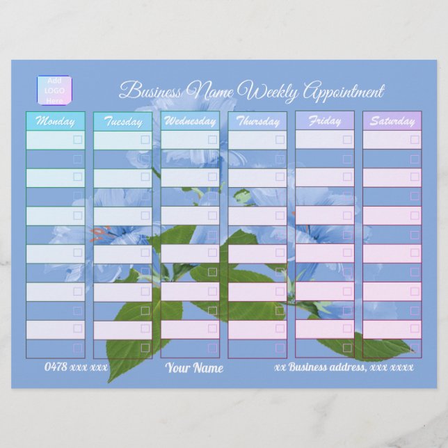 En-tête De Lettre Personnalisé Blue Floral Business Rendez-vous hebd (Dos)