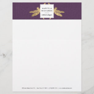 En-tête De Lettre Personnalisée Elégant Duo de libellules d'or Faux sur lin mauve