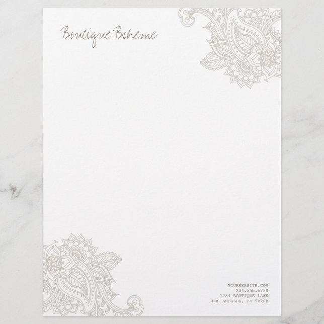 En-tête De Lettre Personnalisée Linge Beige Illustré Bohême Paisley Henné (Devant)