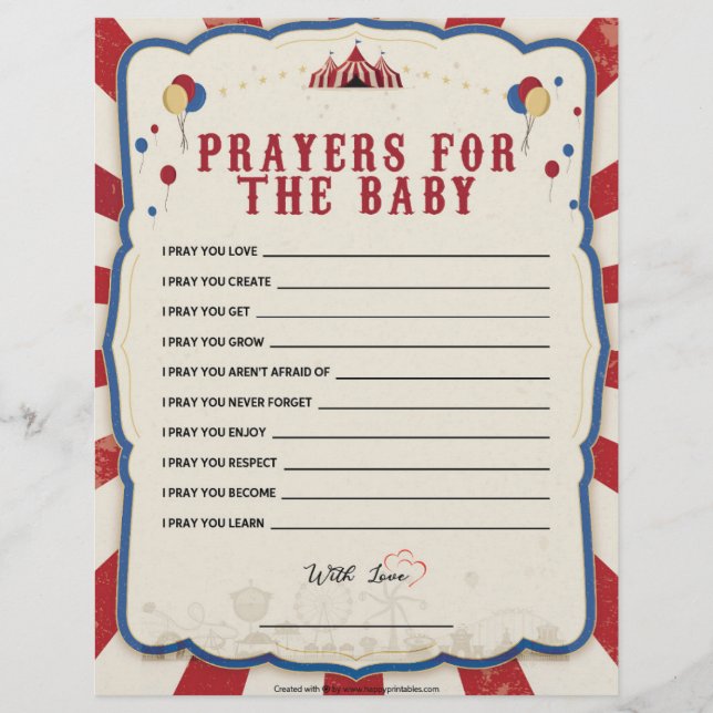 En-tête De Lettre Prières Pour Le Bébé [Thème Du Cirque] (Devant)