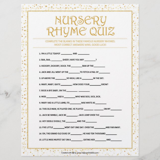 En-tête De Lettre Quiz de la Nursery Rhymes [Golden Sparkles] (Devant)