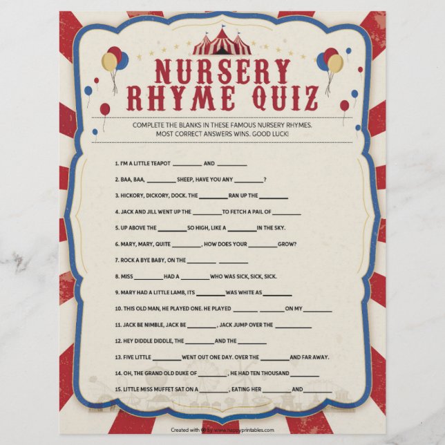 En-tête De Lettre Quiz de Nursery Rhymes [Thème du Cirque] (Devant)