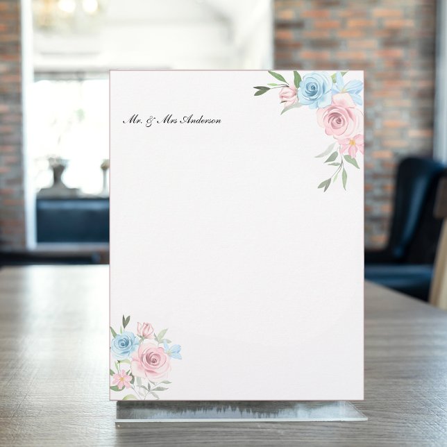 En-tête De Lettre Romantique bleu & aquarelle rose roses, nom person (Créateur téléchargé)