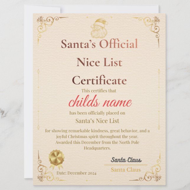 En-tête De Lettre Santa’s Nice List Certificate   (Devant)