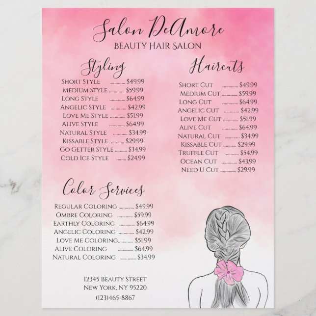 En-tête De Lettre Service Menu Girl avec aquarelle rose tresse (Devant)